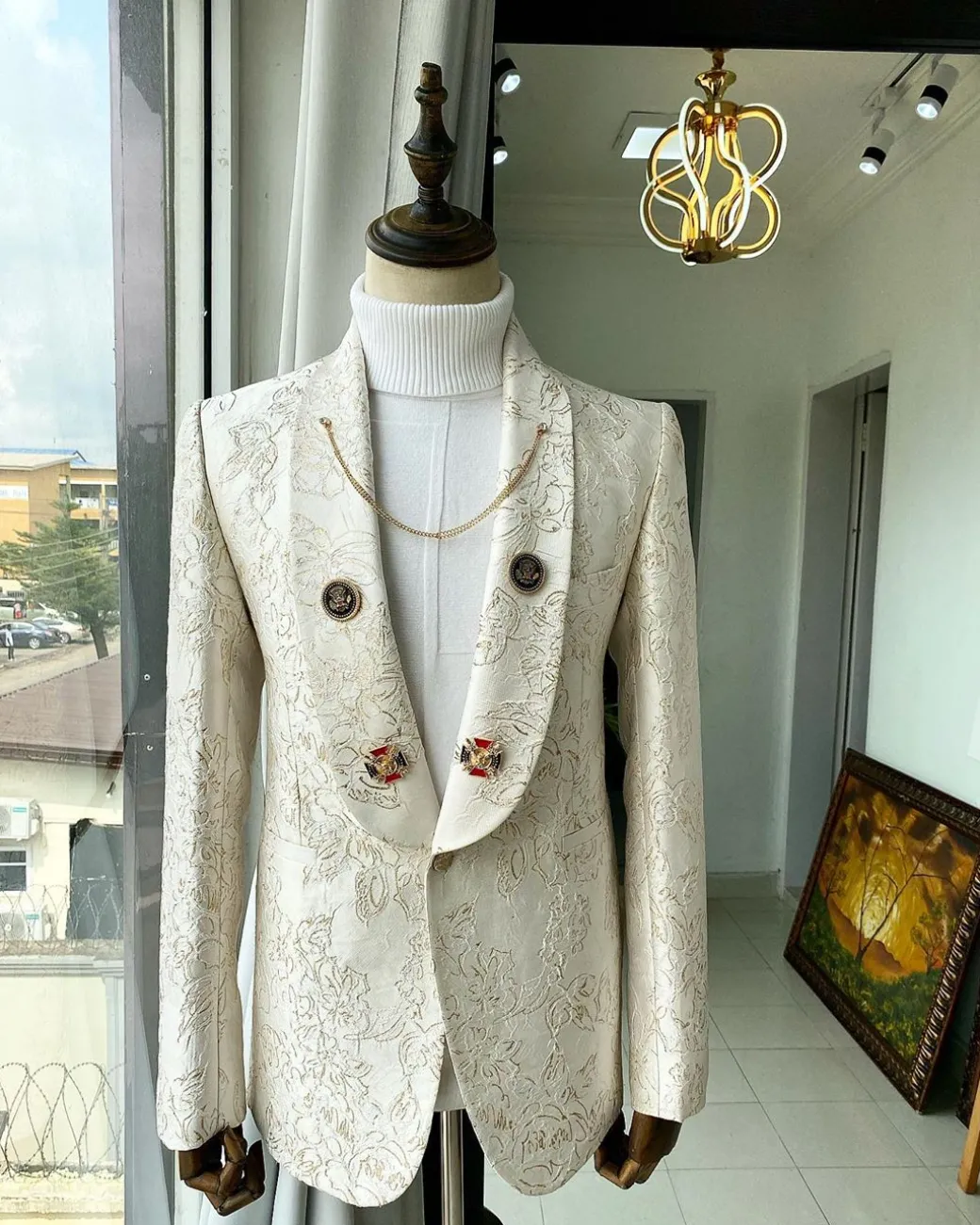 An Ivory Gold Patterned “From The Same Side” Shawl lapel Tuxedo Suit