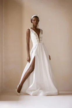 An Ivory Mikado Satin Ball Dress/Gown With Swarovski embellished V-Neckline