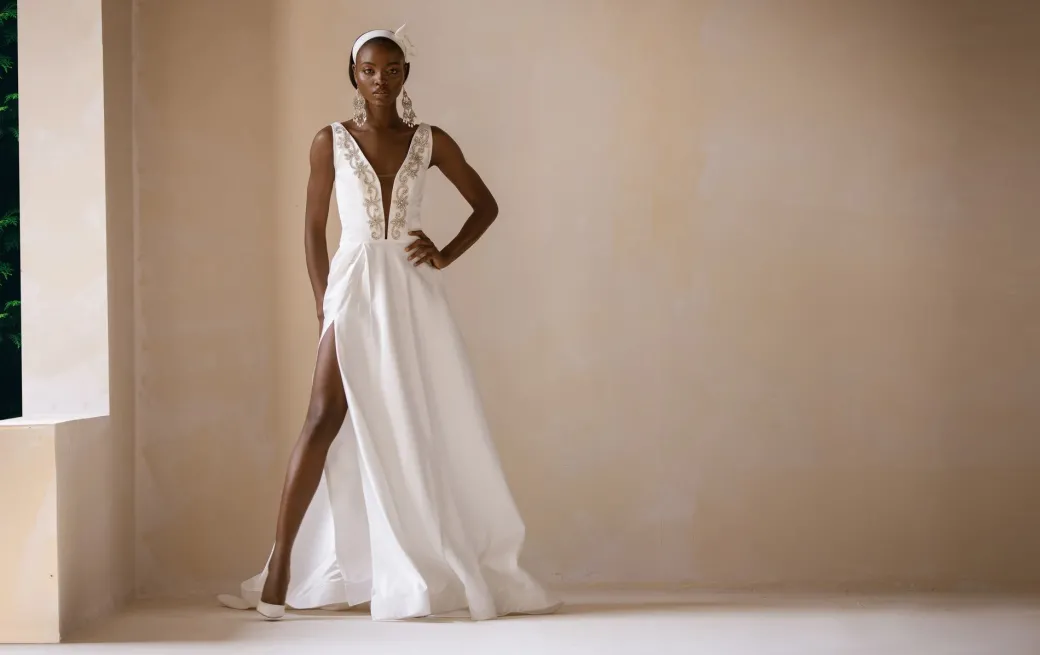 An Ivory Mikado Satin Ball Dress/Gown With Swarovski embellished V-Neckline