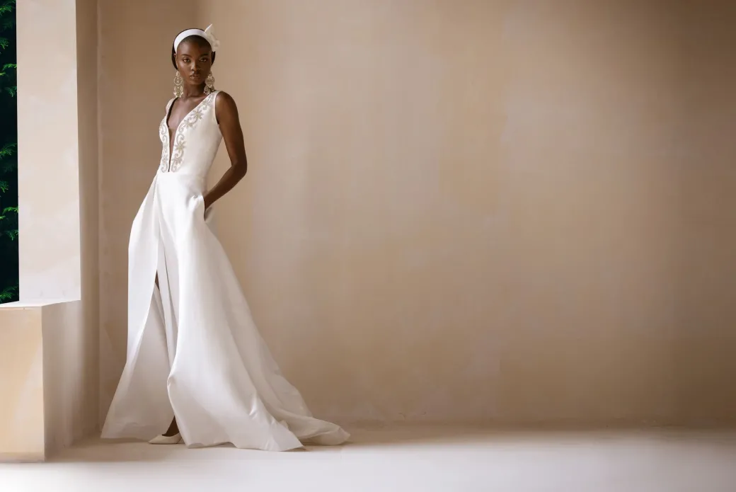 An Ivory Mikado Satin Ball Dress/Gown With Swarovski embellished V-Neckline