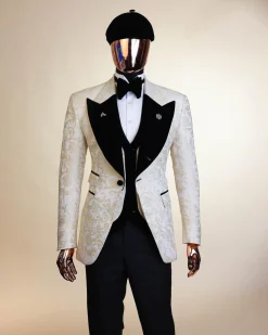 An Ivory white and Gold Floral patterned Peak lapel metallic jacquard tuxedo suit.