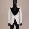 An Ivory white and Gold Floral patterned Peak lapel metallic jacquard tuxedo suit.