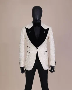 An Ivory white and Gold Floral patterned Peak lapel metallic jacquard tuxedo suit.