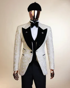 An Ivory white and Gold Floral patterned Peak lapel metallic jacquard tuxedo suit.