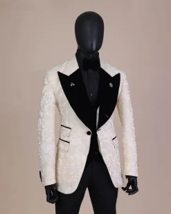 An Ivory white and Gold Floral patterned Peak lapel metallic jacquard tuxedo suit.