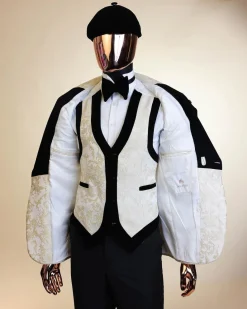 An Ivory white and Gold Floral patterned Peak lapel metallic jacquard tuxedo suit.