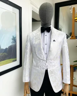 An Ivory White And Silver Shawl Lapel Floral Jacquard Suit