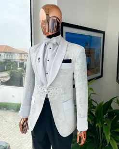 An Ivory white and silver “Napoleon” scattered pattern metallic jacquard Suit