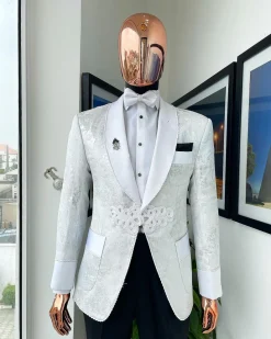 An Ivory white and silver “Napoleon” scattered pattern metallic jacquard Suit