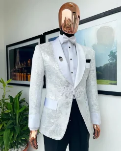 An Ivory white and silver “Napoleon” scattered pattern metallic jacquard Suit