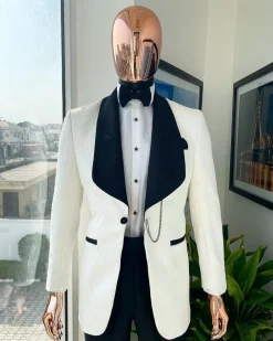 An Ivory White, Black Lapel Floral Pattern Shawl Lapel Tuxedo Suit