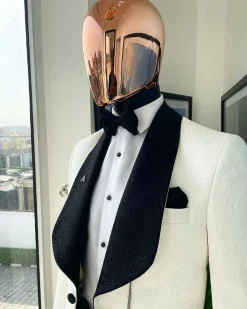An Ivory White, Black Lapel Floral Pattern Shawl Lapel Tuxedo Suit