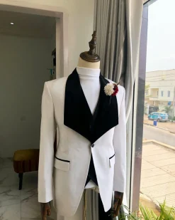 An Ivory White, Black Velvet Lapel tuxedo Suit