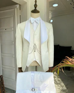 An Ivory White “Celestial” shawl lapel tuxedo tailored suit