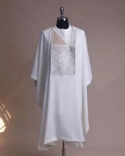 An Ivory white, chinoiserie chic pagoda with layers metallic wire embroidery details agbada
