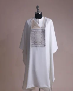 An Ivory white, chinoiserie chic pagoda with layers metallic wire embroidery details agbada