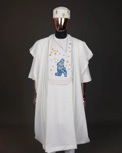 An Ivory white, dropping stars and bender knees metallic wire embroidery details agbada