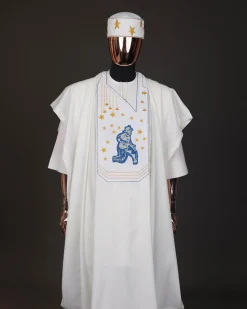 An Ivory white, dropping stars and bender knees metallic wire embroidery details agbada