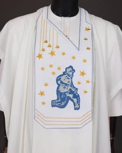 An Ivory white, dropping stars and bender knees metallic wire embroidery details agbada