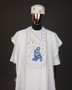 An Ivory white, dropping stars and bender knees metallic wire embroidery details agbada