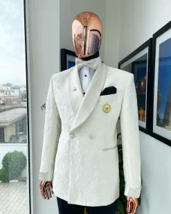 An ivory white Egyptian scritto pattern jacquard shawl lapel single button, double breasted Suit