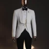 An Ivory white, elastic, basket weave layered floral jacquard shawl lapel tuxedo suit.