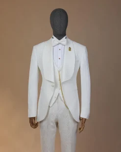 An ivory white, elastic, basket weave layered floral jacquard shawl lapel tuxedo suit.
