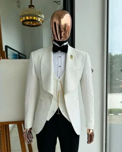 An Ivory white, elastic, basket weave layered floral jacquard shawl lapel tuxedo suit.