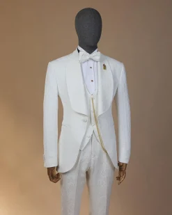 An ivory white, elastic, basket weave layered floral jacquard shawl lapel tuxedo suit.
