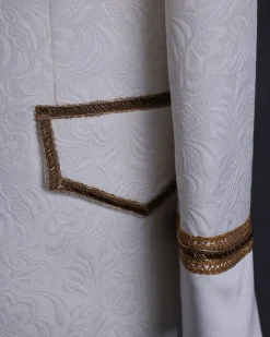 An ivory white floral Jacquard, gold trimmings, patch pocket shawl lapel tuxedo suit