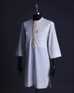 An Ivory White, front flap, patch pocket with gold embroidery detailing African senator kaftan native.