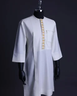 An Ivory White, front flap, patch pocket with gold embroidery detailing African senator kaftan native.