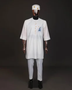 An Ivory white, front flap with dropping star embroidery , 3/4 sleeve African senator kaftan native.