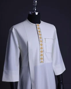 An Ivory White, front flap, patch pocket with gold embroidery detailing African senator kaftan native.