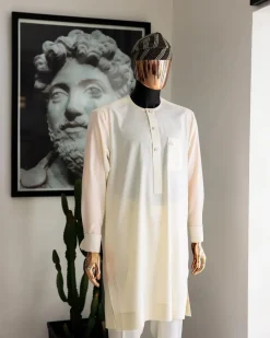 An Ivory White, Jakan And Lines Embroidery Details Agbada, 3/4 Sleeve Kaftan, And Sokoto