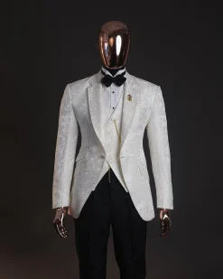 An ivory white, knitted, root floral jacquard notch tuxedo lapel suit