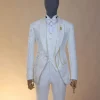 An ivory white, knitted, root floral jacquard notch lapel suit.