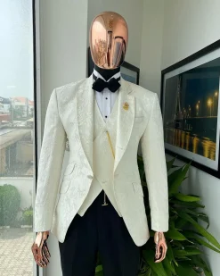 An ivory white, knitted, root floral jacquard notch tuxedo lapel suit