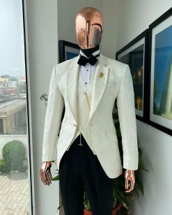 An ivory white, knitted, root floral jacquard notch tuxedo lapel suit