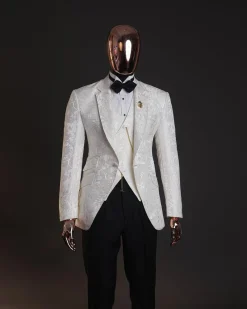 An ivory white, knitted, root floral jacquard notch tuxedo lapel suit