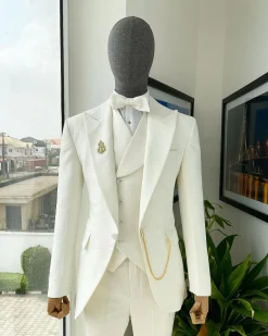 An Ivory white, Peak Lapel, Seamless Geometric Patterns Jacquard Suit