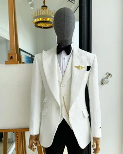 An Ivory White, Peak Lapel, Infinity Line And Square Patterned Jacquard Suit