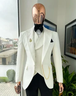 An Ivory White, Peak Lapel Seamless Geometric Patterns Jacquard Suit