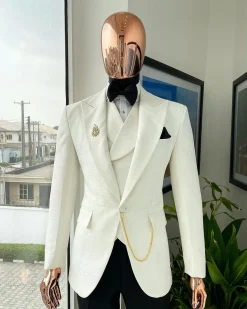An Ivory White, Peak Lapel Seamless Geometric Patterns Jacquard Suit