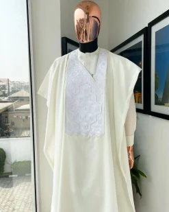 An Ivory white precision 3D imagery embroidery agbada