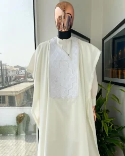 An Ivory white precision 3D imagery embroidery agbada