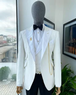 An Ivory white reloaded “celestial” teardrop pattern jacquard hand-picked peak lapel tuxedo Suit
