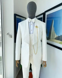 An Ivory white Reloaded “celestial” shawl lapel floral jacquard tuxedo suit.