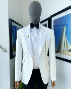 An Ivory white reloaded “celestial” teardrop pattern jacquard hand-picked peak lapel tuxedo Suit