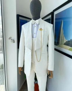 An Ivory white Reloaded “celestial” shawl lapel floral jacquard tuxedo suit.